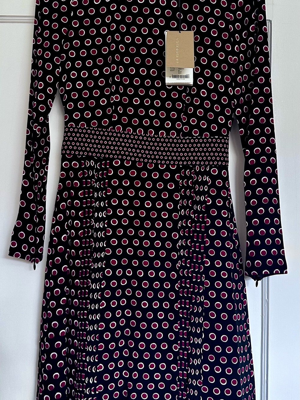 BNWT Burberry  Silk Black Long-Sleeve Dress with Dark Red and White Dot Pattern